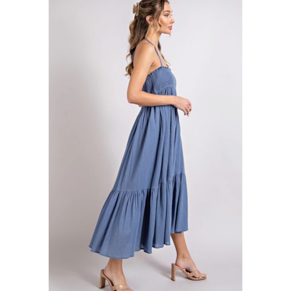 SOLD OUT Denim Blue Smocked Open Back Midi Halter Summer Casual Women's Dress - Picture 5 of 9